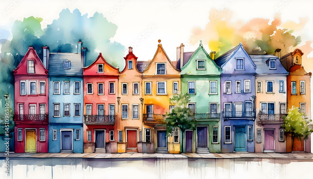 Naklejka premium A vibrant watercolor illustration depicting a row of colorful narrow houses with windows, doors, balconies, and trees