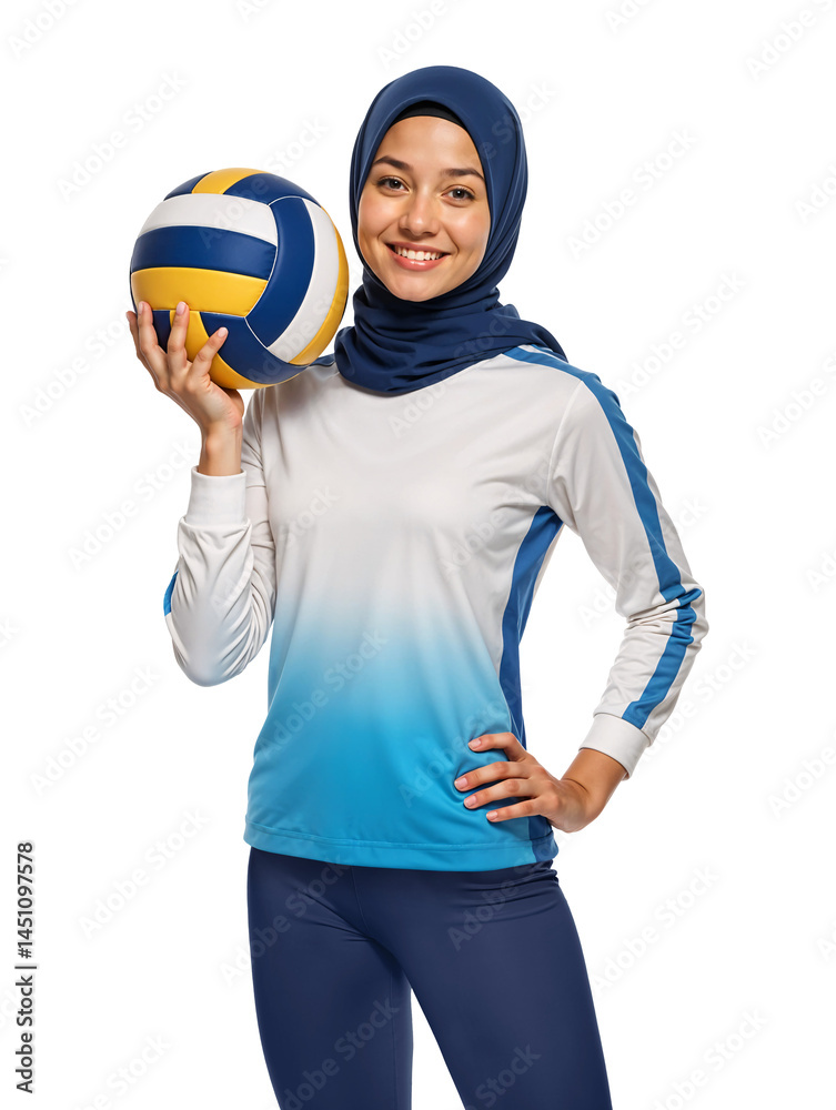 Fototapeta premium Confident female volleyball player wearing hijab and volleyball on one hand