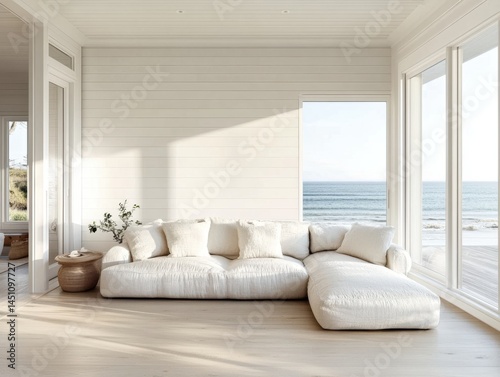 A white couch with pillows on it sits in front of a window overlooking the ocean. A potted plant is on a table in front of the couch
