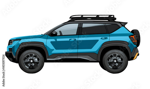 A side view of a small SUV car in blue color, with a transparent background