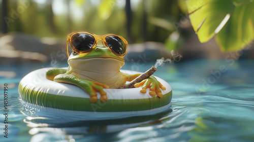 A frog wearing sunglasses smokes a cigar while relaxing on an inflatable ring in a swimming pool. The background is blurred, displaying a leisurely summer scene.