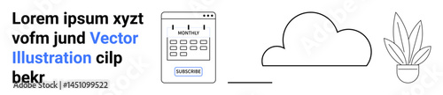 Mobile calendar interface, cloud graphic, and potted plant. Ideal for online service promotion, productivity, organization, collaboration, scheduling, subscription sign-ups flat landing page banner