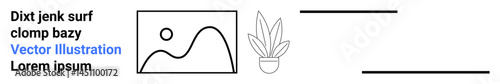 Minimal line composition featuring a potted plant, framed landscape art, horizontal dividers, and placeholder text. Ideal for decor, art themes, minimalism, layouts, modern design simplicity flat