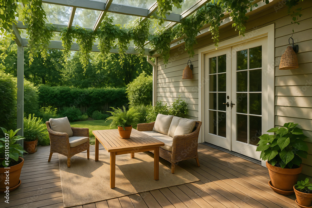 The back terrace of the house with a glass roof and hanging plants as the sky The back terrace of the house with a glass roof and hanging plants as the sky