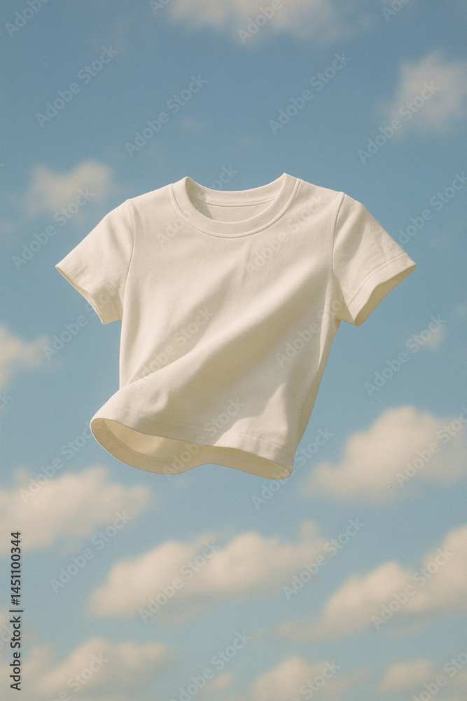 White cotton T-shirt floating in blue sky with light summer breeze concept
