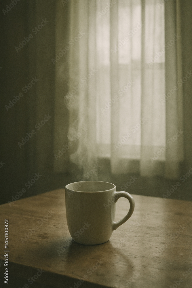 Coffee cup by sheer curtain on humid quiet morning with melancholic blue Monday concept