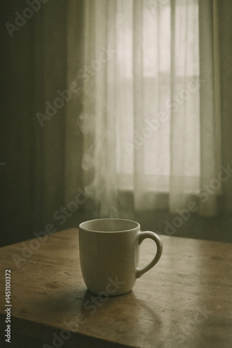 Obraz na płótnie Coffee cup by sheer curtain on humid quiet morning with melancholic blue Monday concept w salonie
