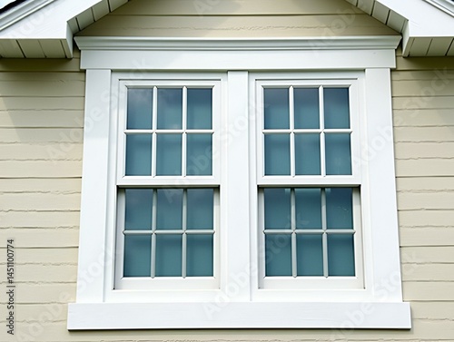 Obraz na płótnie Double hung window with fixed top sash and bottom sash that slides up, sash divided by white grilles a surrounded by white elegant frame on a horizontal vinyl siding, under a gable and soffit w salonie