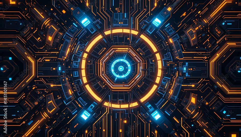 Fototapeta premium Futuristic tech pattern with glowing neon details.