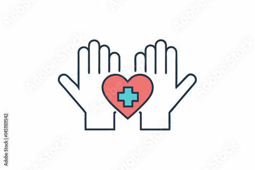Heart hands: Depicting the compassionate spirit of care, two open hands cradle a vibrant heart, symbolizing empathy and well-being in a clean and eye-pleasing illustration.