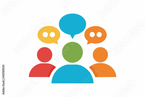 Group Conversation Icon: A simple and colorful icon representing a group of people engaged in a lively conversation, with speech bubbles above their heads. The icon symbolizes communication.