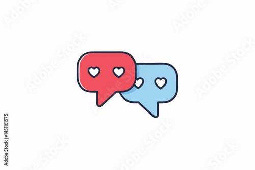 Conversation of Love: Two interconnected speech bubbles, one vibrant red and the other serene blue, float in a space of connection, their hearts symbols of affection.