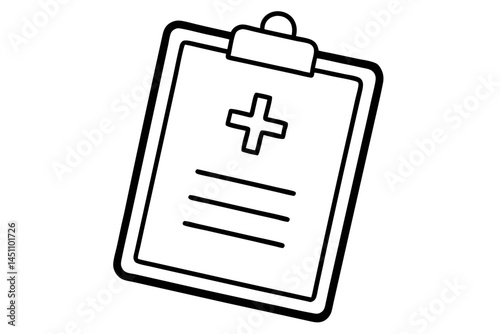 Medical Clipboard: A stark, clean image of a medical clipboard, a symbol of healthcare documentation, with a plus sign and lines signifying forms or patient data.