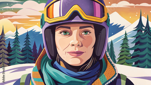 Snowboarder portrait in hill winter landscape. Dynamic action sports scene perfect for adventure, extreme winter activities vector, and outdoor lifestyle designs
