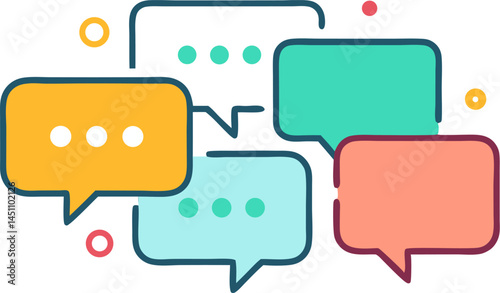 Dialogue Bubbles: Vibrant cartoon speech bubbles float against a minimalistic backdrop, representing conversation and communication in a clean, contemporary visual.
