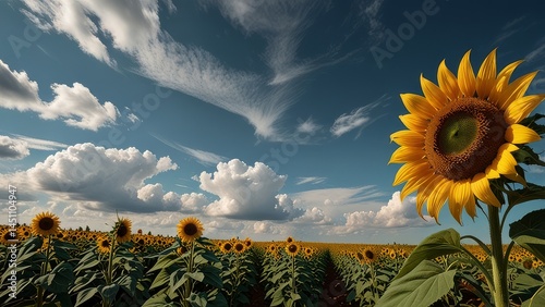 Golden Sunflower Field Under Dramatic Cloudy Sky – Stunning Nature Landscape