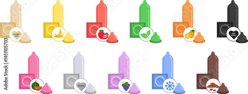 Colorful condoms vector set – realistic latex condom collection with packaging in various colors