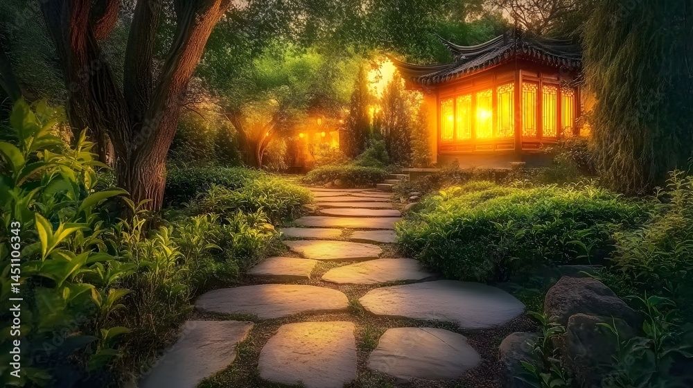Obraz premium Serene Sunset Garden Path Stone Pathway Leading to Illuminated Pavilion
