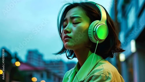 Wallpaper Mural Woman listening to music in city lights Torontodigital.ca