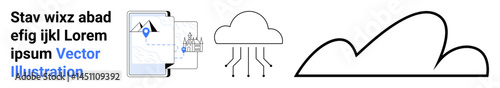 Digital map with a location marker connected to a cloud, and an outlined cloud symbolizing data storage. Ideal for cloud technology, big data, remote work, innovation, storage, connectivity, simple