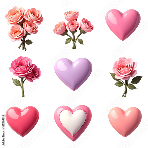 Romantic 3D Floral and Heart Icon Set – Ideal for Valentine's Day, Mother’s Day, Parents' Day, Teacher's Day, Wedding Invitations, Love Letters, and Elegant Spring Design Projects.