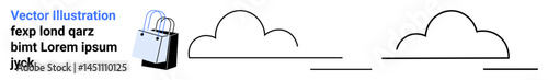 Shopping bag with metal handles beside two minimalist cloud shapes and horizontal lines. Ideal for retail, shopping, branding, minimalism, clean design, e-commerce, flat landing page banner