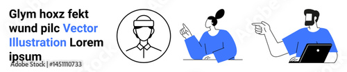 Male character with laptop, female pointing upward, circular avatar icon Ideal for teamwork, remote work, communication, technology, workplace, education, flat landing page banner