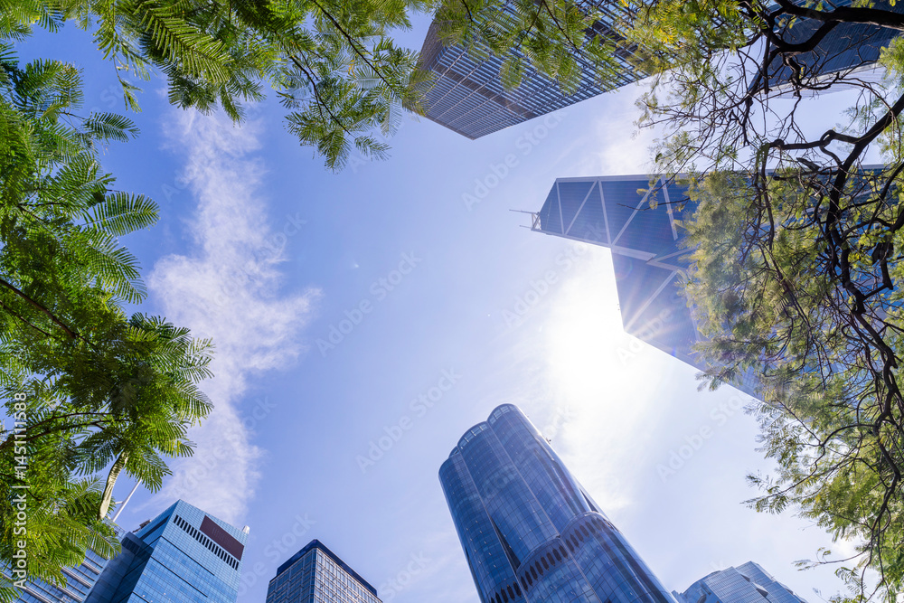 Modern skyscrapers rising behind green tree branches with bright sun flare in a cityscape view, blending nature and urban architecture under a clear blue sky. Modern skyscrapers rising behind green tree branches with bright sun flare in a cityscape view, blending nature and urban architecture under a clear blue sky.