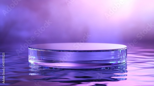 Glass podium on purple reflective surface with smoky background.