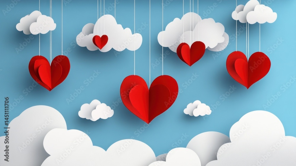 Red paper hearts and clouds hanging against a blue sky background. Red paper hearts and clouds hanging against a blue sky background.