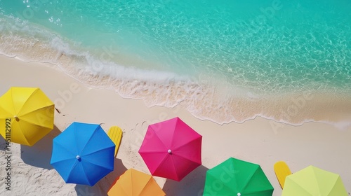 Vibrant colorful beach umbrellas line a pristine white sand beach next to a calm turquoise ocean creating a perfect summer vacation paradise scene.