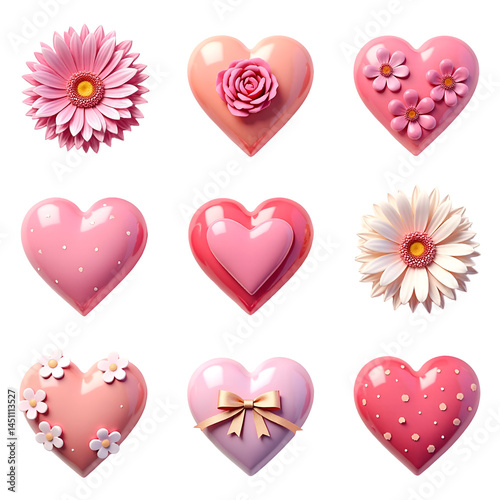 Romantic 3D Floral and Heart Icon Set – Ideal for Valentine's Day, Mother’s Day, Parents' Day, Teacher's Day, Wedding Invitations, Love Letters, and Elegant Spring Design Projects.