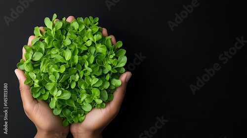 Hands Gently Cradle Young Green Plant Against Dark Background