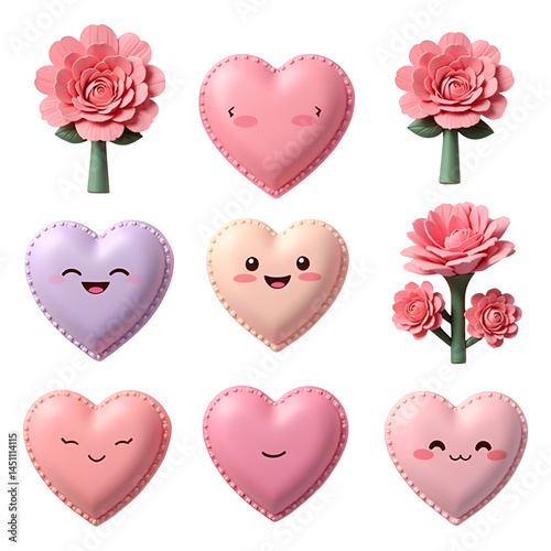 Romantic 3D Floral and Heart Icon Set – Ideal for Valentine's Day, Mother’s Day, Parents' Day, Teacher's Day, Wedding Invitations, Love Letters, and Elegant Spring Design Projects.