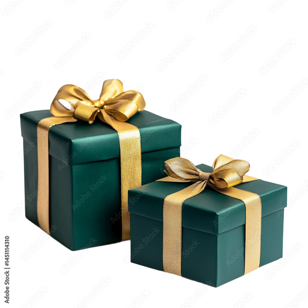 Obraz premium A Festive Duo of Emerald Green Gift Boxes With Golden Ribbon Bows on a White or Clear Surface [Transparent Background PNG] 