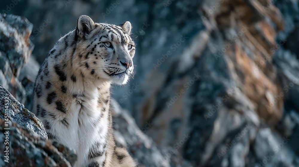 Fototapeta premium Snow leopard gazes from rocky perch