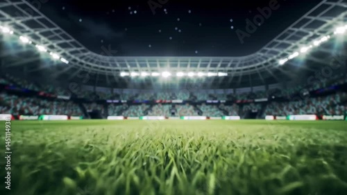 Empty stadium at night with vivid lighting and green grass field