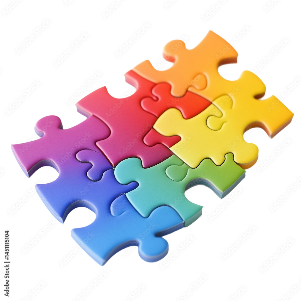 A Rainbow of Puzzle Pieces Interlocking on a White Background. on a White or Clear Surface [Transparent Background PNG]