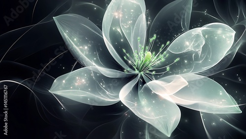 A luminous white flower with long, delicate petals and vibrant green stamens glows softly in the dark, casting an ethereal glow.
