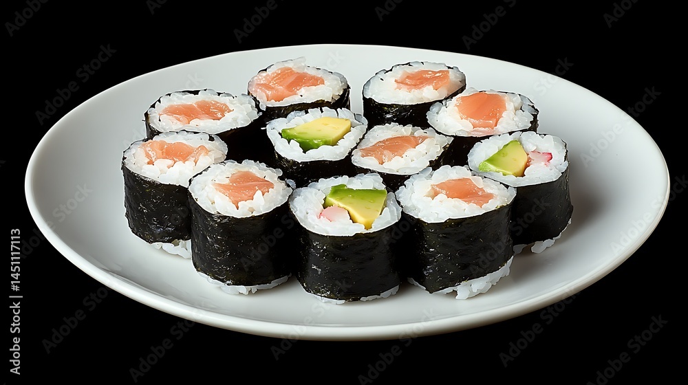 A plate of assorted sushi rolls with rice and fish. A plate of assorted sushi rolls with rice and fish.