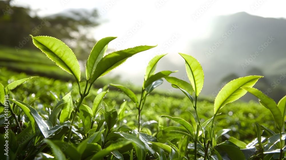 Obraz premium Vibrant Green Tea Leaves in Lush Plantation Sunlight
