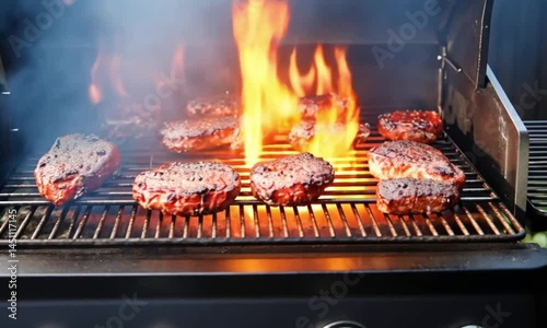 Large, Modern Black Grill with Ample Cooking Space and Multiple Burners, Nestled in a Verdant Backyard with a Comfortable Dining Area