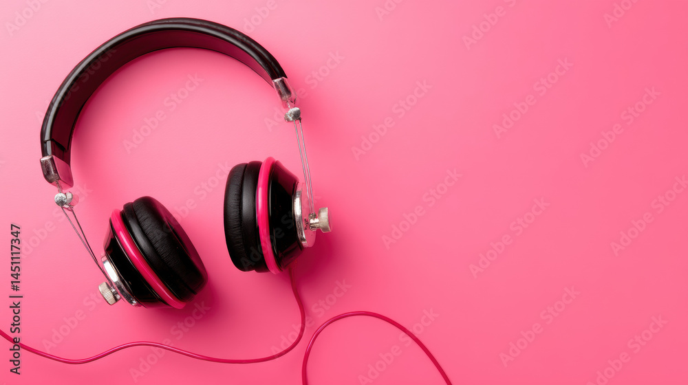 Stylish black and pink headphones are neatly arranged on a vibrant pink background, offe a clean and modern aesthetic with ample copy space for creative use. Stylish black and pink headphones are neatly arranged on a vibrant pink background, offe a clean and modern aesthetic with ample copy space for creative use.