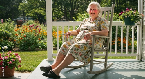 Smiling Senior Woman Relaxing in Rocking Chair on a Sunny Porch
