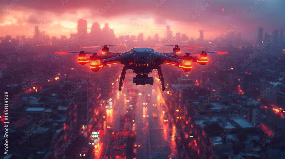 Obraz premium Drone with glowing lights hovering over a distant cityscape during twilight, above blurred roads and traffic, urban scene. on a transparent background, PNG image, PNG file.