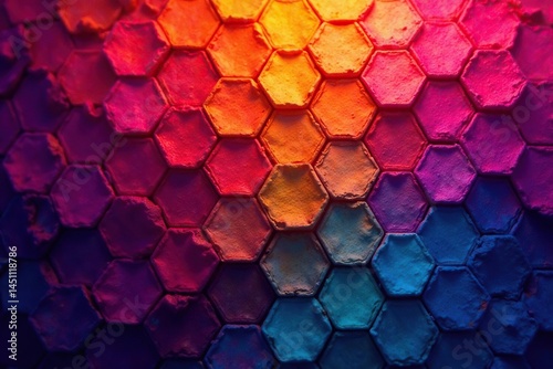 Intricate tessellation of hexagons, vibrant hues, hexagon, bold