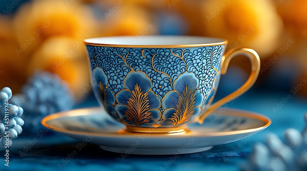 Fototapeta premium Blue And Gold Tea Cup With Floral Design High Resolution Photo