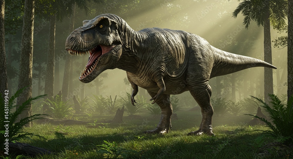 Fototapeta premium Tyrannosaurus Rex Standing in Misty Forest with Sun Rays