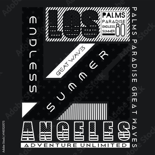 Vector typography design of Los Angeles California beach scene with palm trees and bold summer-themed slogans, featuring motivational words that evoke freedom, sunshine, and a relaxed coastal lifestyl