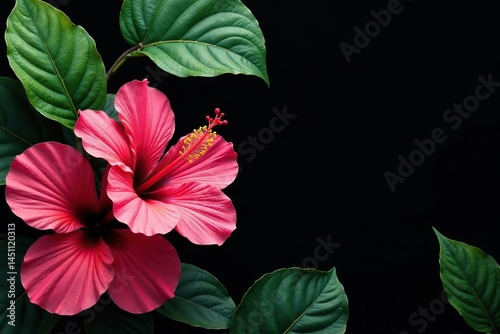 Bold, vibrant hibiscus & tropical leaves on black, pattern design, large scale